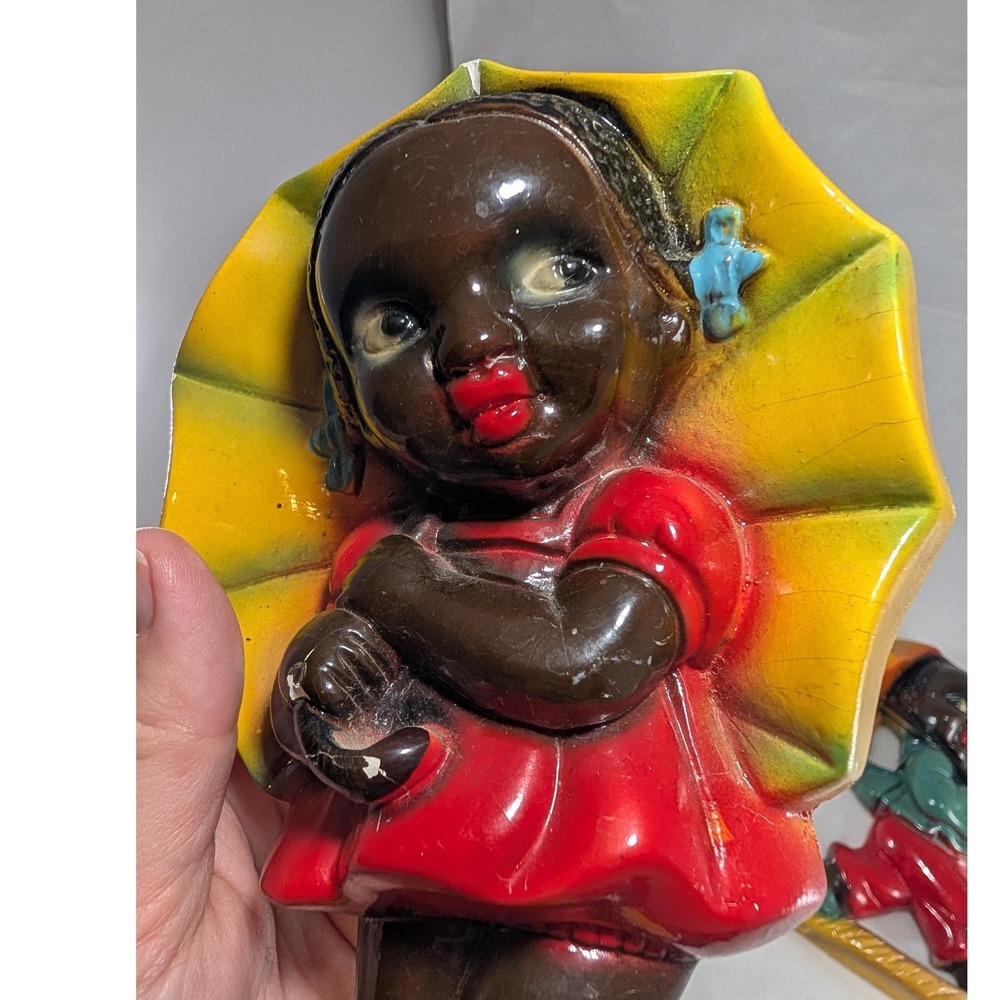 Vintage Chalkware Wall Plaques – Girl and Boy with Blue Umbrellas - Picture 7 of 11